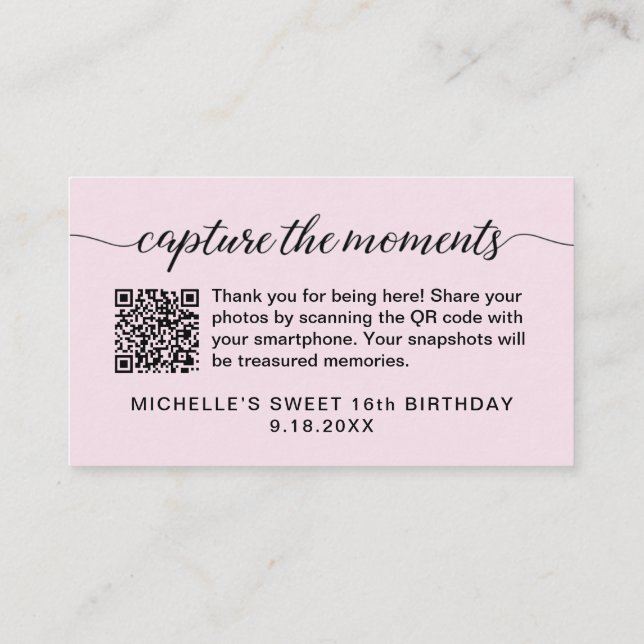 Capture the moments QR code photo share pink Enclosure Card (Back)