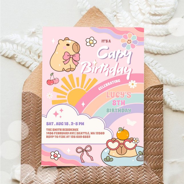 Capy Birthday Groovy Rainbow Sun Birthday Invitation (Creator Uploaded)