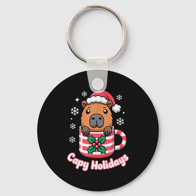 Capy Holidays Cute Capybara Christmas Santa Hat  Key Ring (Front)
