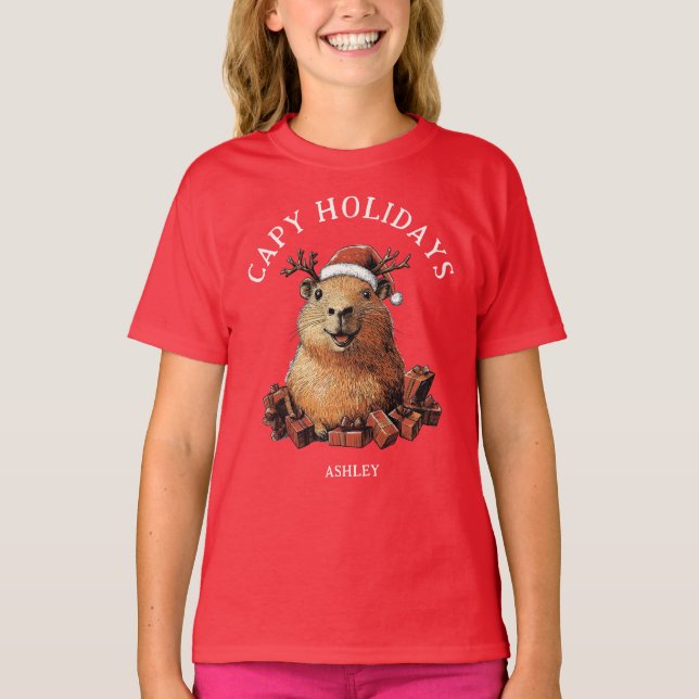 Capy Holidays Cute Fun Capybara Merry Christmas  T-Shirt (Front)