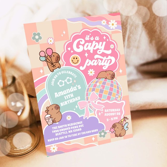 Capy Party Cloud Rainbow Disco Birthday Invitation (Creator Uploaded)