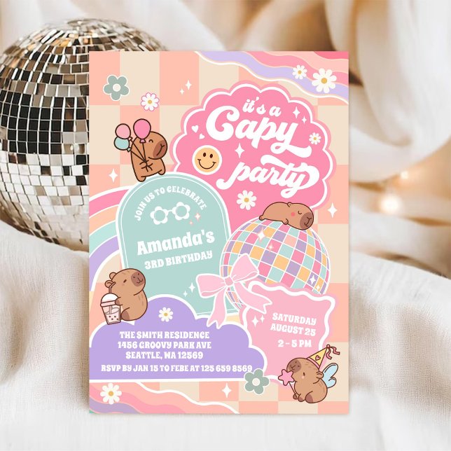 Capy Party Retro Groovy Daisy Birthday Invitation (Creator Uploaded)