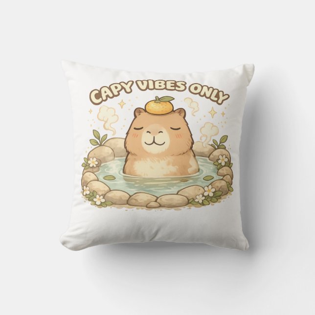 Capy Vibes Only Cute Kawaii Capybara Cushion (Front)