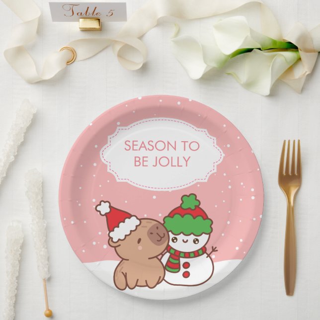  Capybara And Snowman Season To Be Jolly Cute Paper Plate (Wedding)