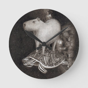 Capybara and Terrapin flying through space drawing Round Clock