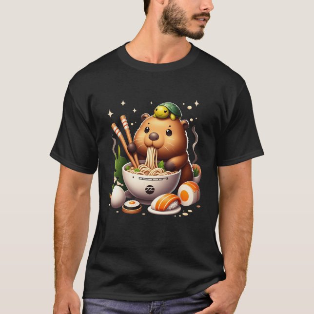 Capybara And Turtle Sharing Backpack And Ramen Kaw T-Shirt (Front)