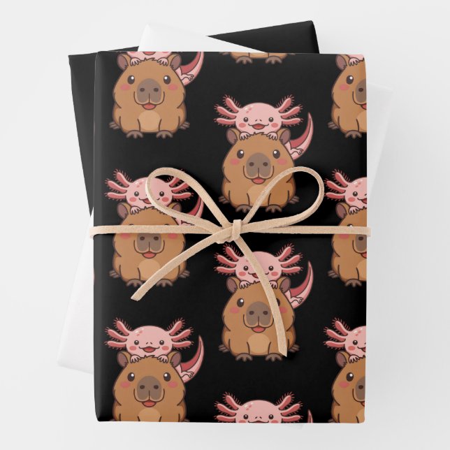 Capybara Axolotl Kawaii Animal Lover Zoo Day Wrapping Paper Sheet (In situ)