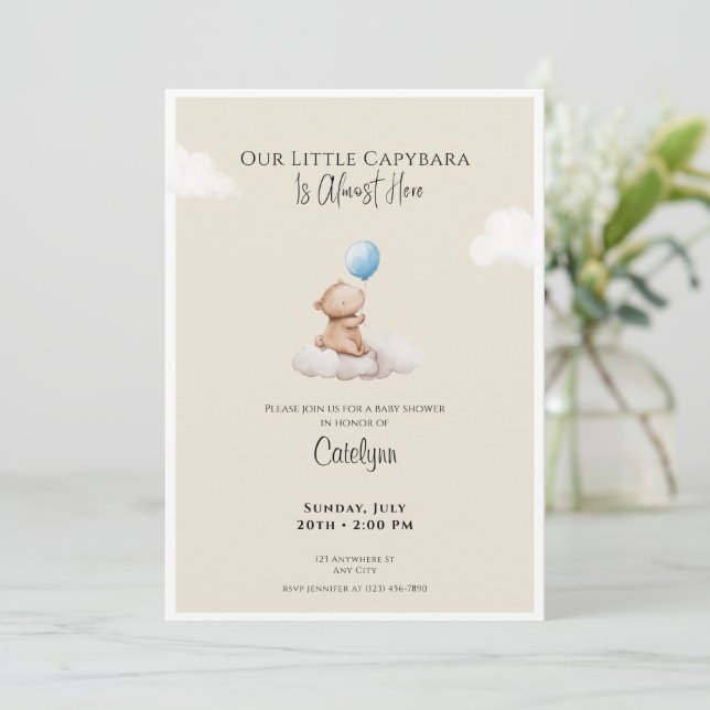 Capybara Baby Shower Invitation Cloud and Balloon (Standing Front)