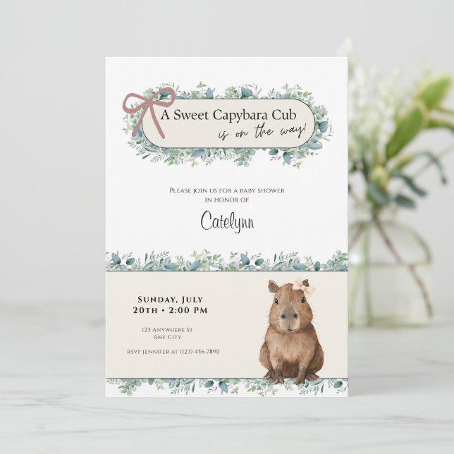Capybara Baby Shower Invitation • Greenery Theme (Standing Front)