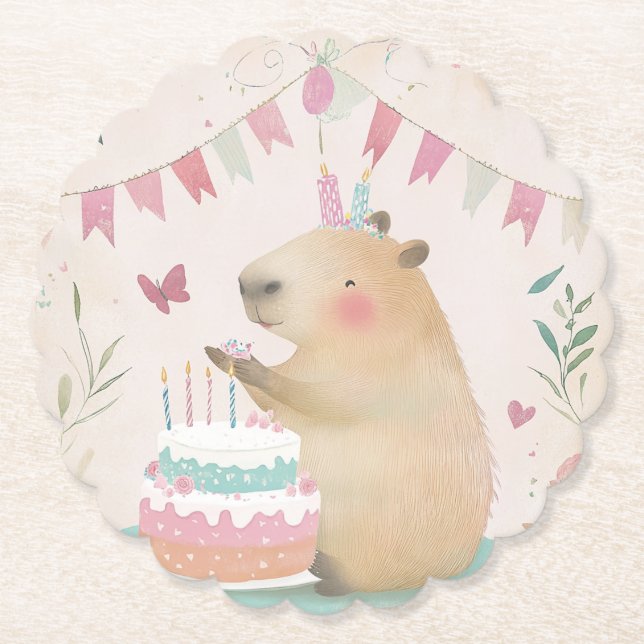 Capybara Birthday Bash Party Decor Paper Coaster (Front)