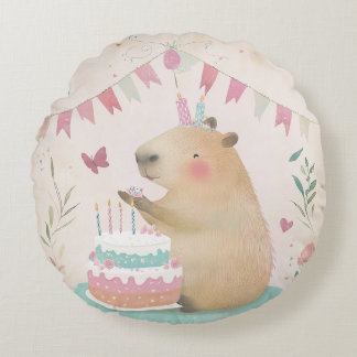 Capybara Birthday Bash Round Throw Pillow