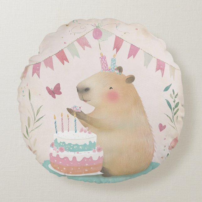 Capybara Birthday Bash Round Throw Pillow (Front)