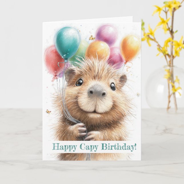 Capybara Birthday Card • Cute Balloon Design (Yellow Flower)