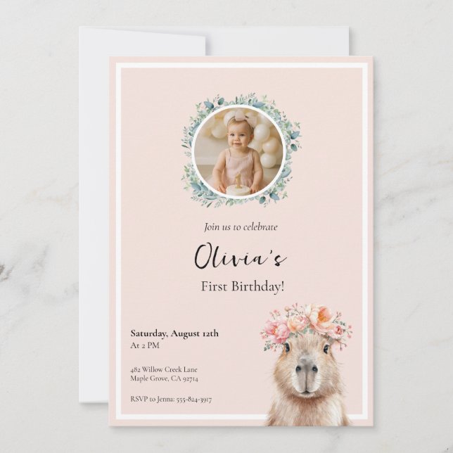 Capybara Birthday Invitation • Cute First Birthday (Front)