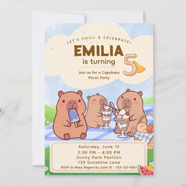 Capybara Birthday Picnic Invitation (Front)