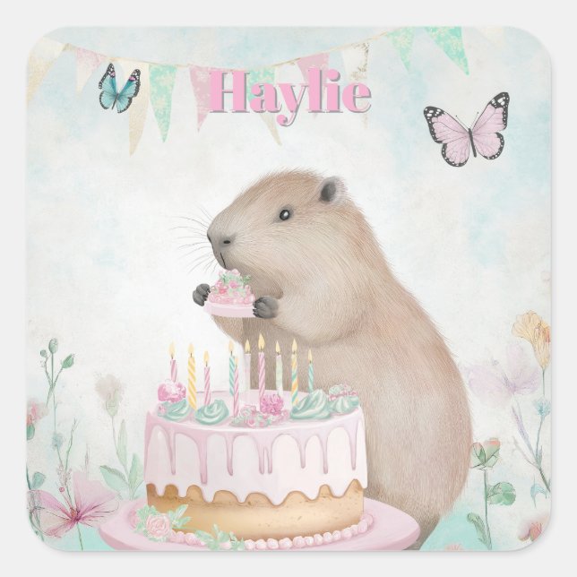 Capybara Cakefest Kids Party Sticker - Pink Custom (Front)