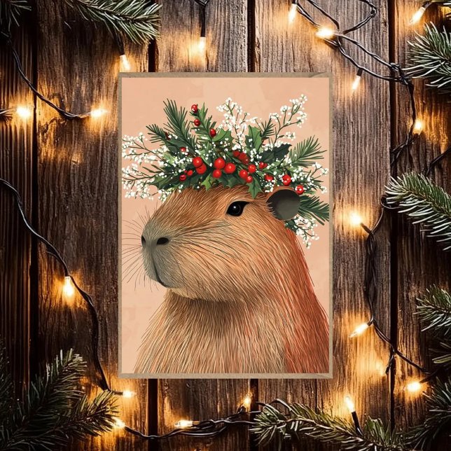 Capybara Christmas Holly Baby Breath Flower Crown Holiday Card (Creator Uploaded)