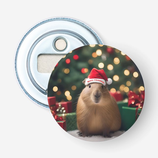 "Capybara Claus: A Festive Bokeh Wonderland" Bottle Opener (Front)