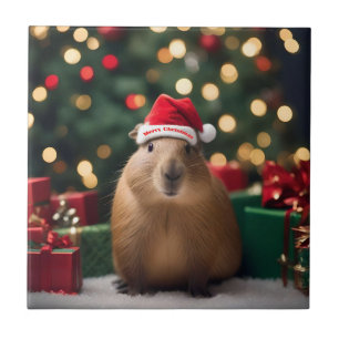 "Capybara Claus: A Festive Bokeh Wonderland" Tile