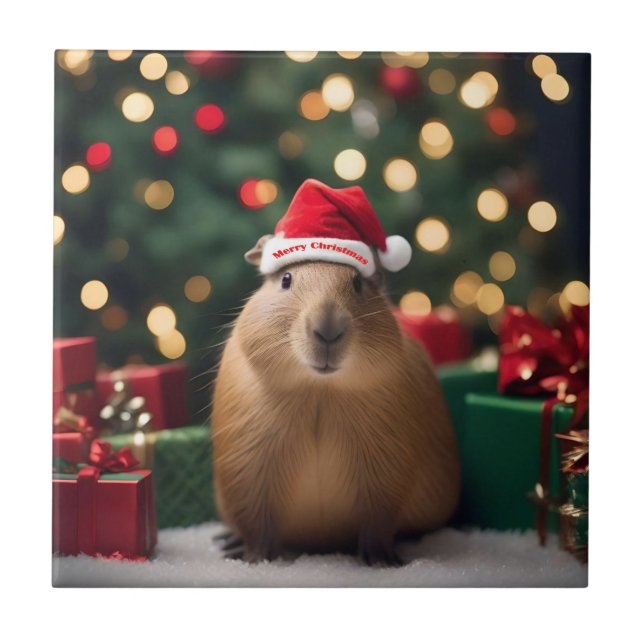 "Capybara Claus: A Festive Bokeh Wonderland" Tile (Front)