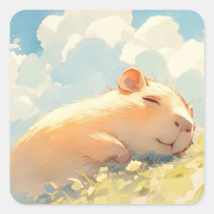 Capybara Cuddles in the Grass Square Sticker