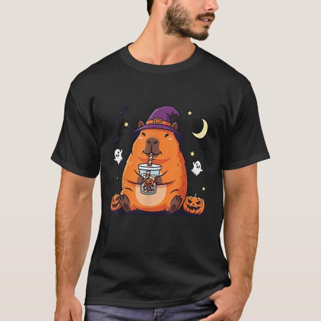 Capybara Drinking Bubble Tea Halloween Spooky Seas T-Shirt (Front)