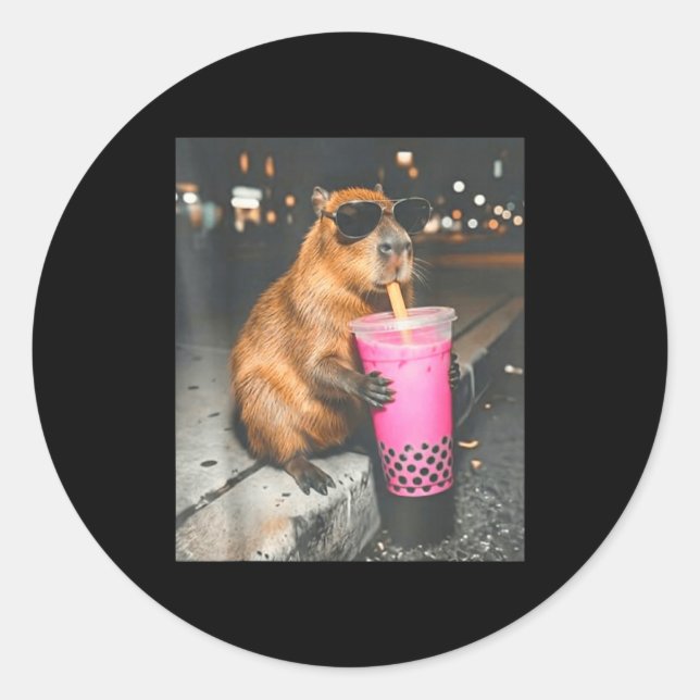Capybara drinking iced boba tea funny animal meme classic round sticker (Front)
