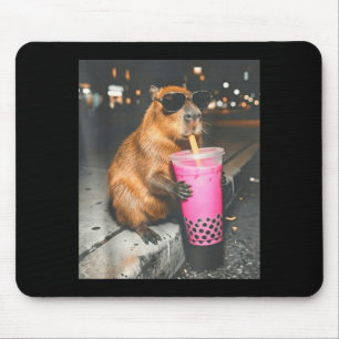 Capybara drinking iced boba tea funny animal meme mouse pad