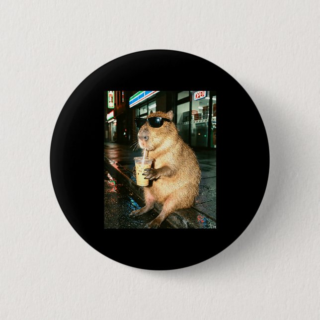 Capybara drinking iced coffee, capybara photo meme 6 cm round badge (Front)