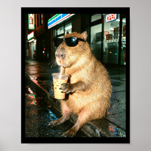 Capybara drinking iced coffee, capybara photo meme poster
