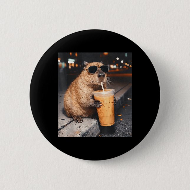 Capybara Drinking Iced Coffee Funny Animal Meme 6 Cm Round Badge (Front)