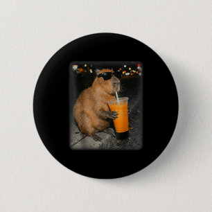 Capybara drinking iced coffee funny animal meme 6 cm round badge