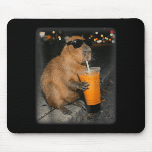 Capybara drinking iced coffee funny animal meme mouse pad