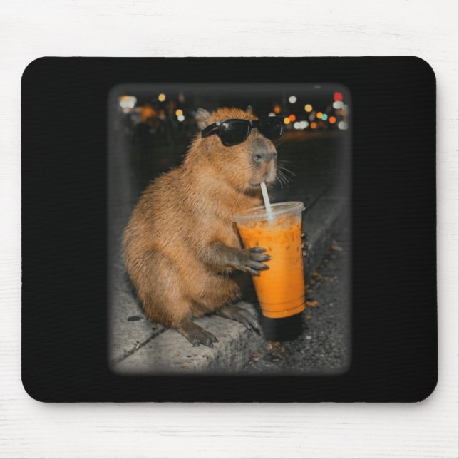 Capybara drinking iced coffee funny animal meme  mouse pad (Front)