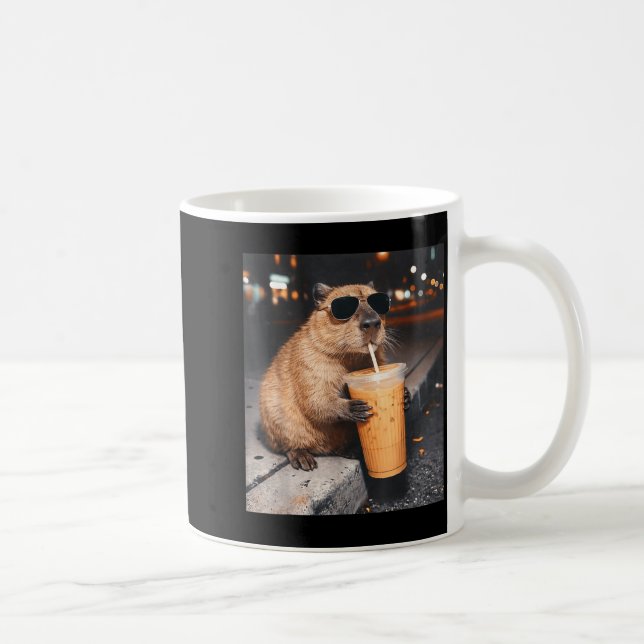 Capybara Drinking Iced Coffee Funny Animal Meme Mug (Right)