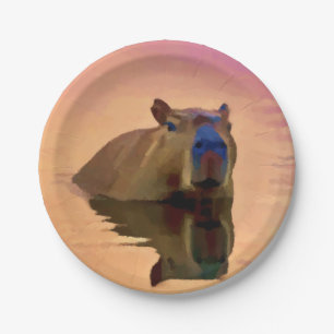 Capybara Emerging From a Tranquil Lake Paper Plate