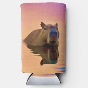 Capybara Emerging From a Tranquil Lake Seltzer Can Cooler