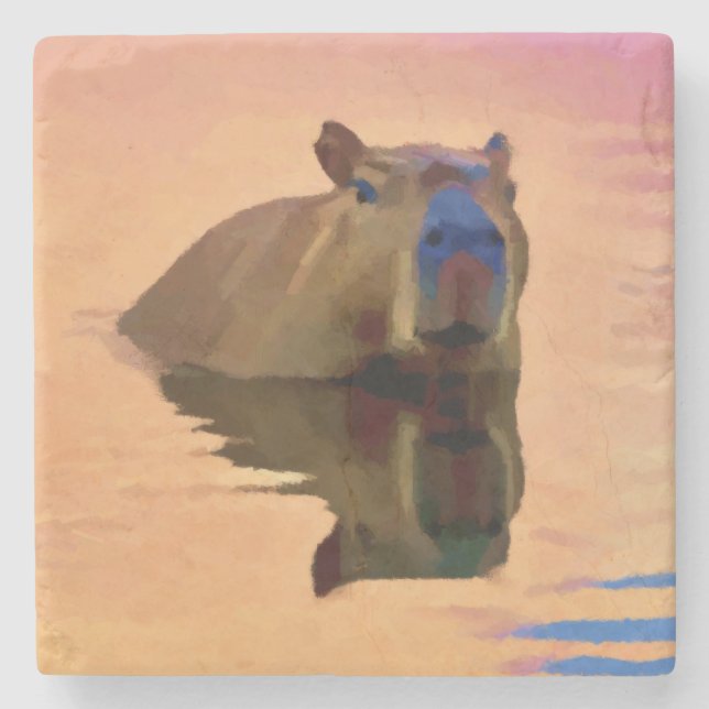 Capybara Emerging From a Tranquil Lake Stone Coaster (Front)