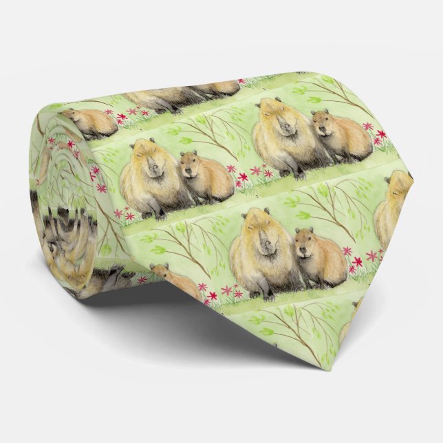 Capybara Father and Baby Neck Tie (Rolled)