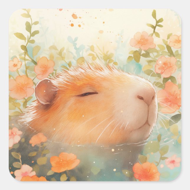 Capybara Floating Among Wild Blooms Square Sticker (Front)