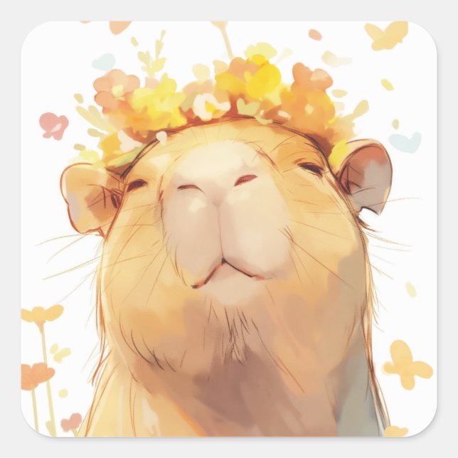 Capybara Floral Crown Square Sticker (Front)
