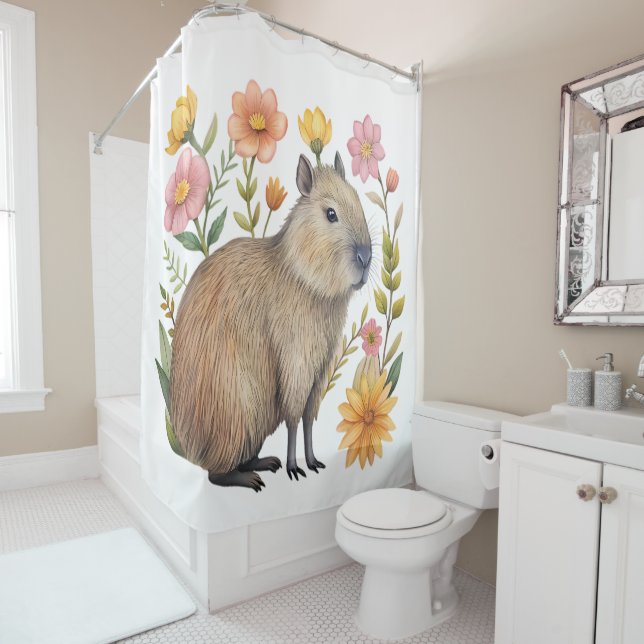 Capybara Floral Shower Curtain (In Situ)