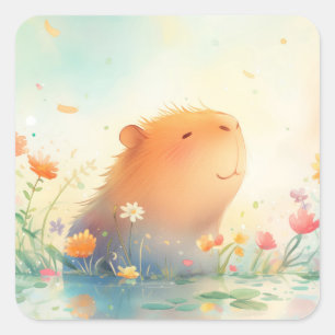 Capybara Flower Pond Retreat Square Sticker