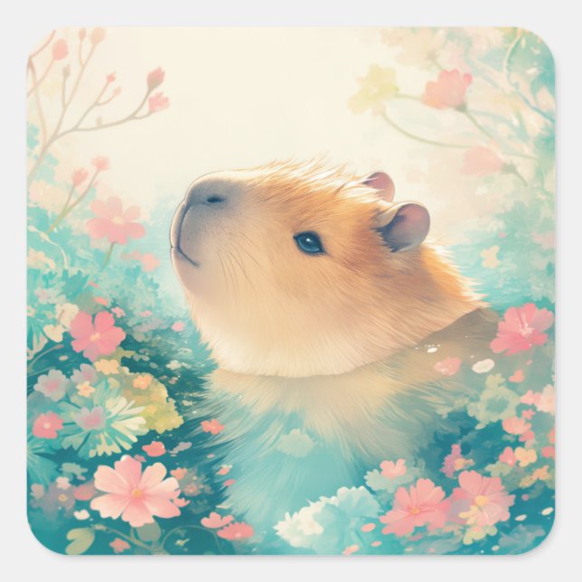 Capybara Garden Harmony by the Water Square Sticker (Front)