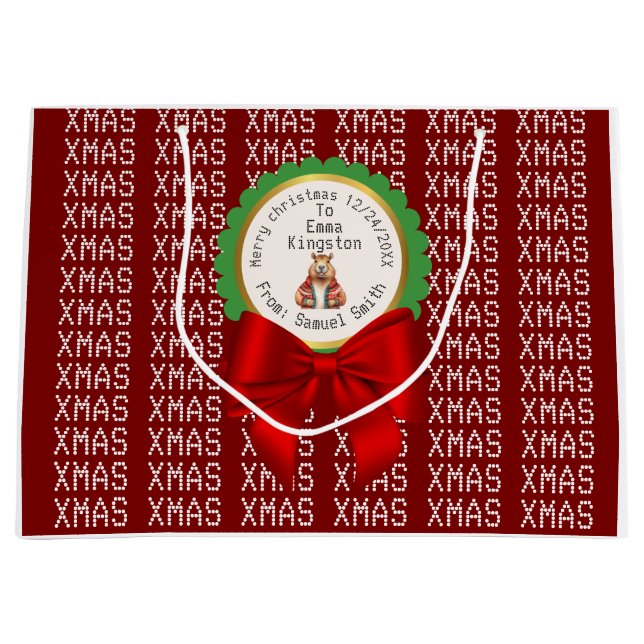 CAPYBARA green XMAS NAME EDITABLE  Large Gift Bag (Front)