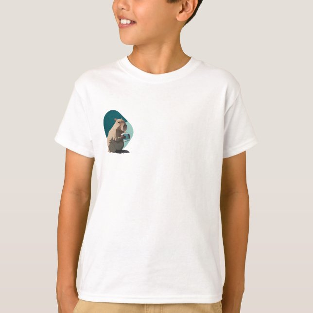Capybara Holding Coffee Cup Kids T-Shirt (Front)