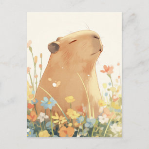 Capybara in Colourful Summer Wildflower Meadow Postcard