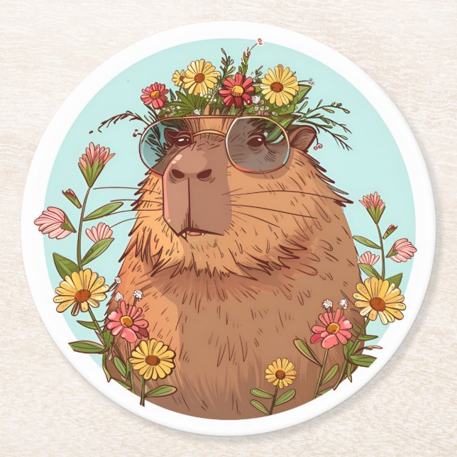 Capybara in sunglasses Summertime Round Paper Coaster (Front)