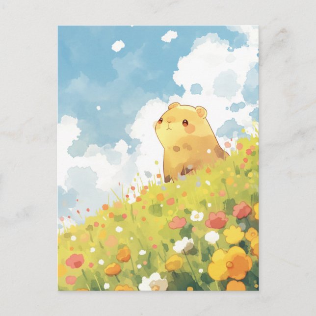 Capybara in Sunny Wildflower Hillside Meadow Postcard (Front)