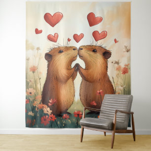 Capybara Love - A Romantic Meadow Moment Tapestry